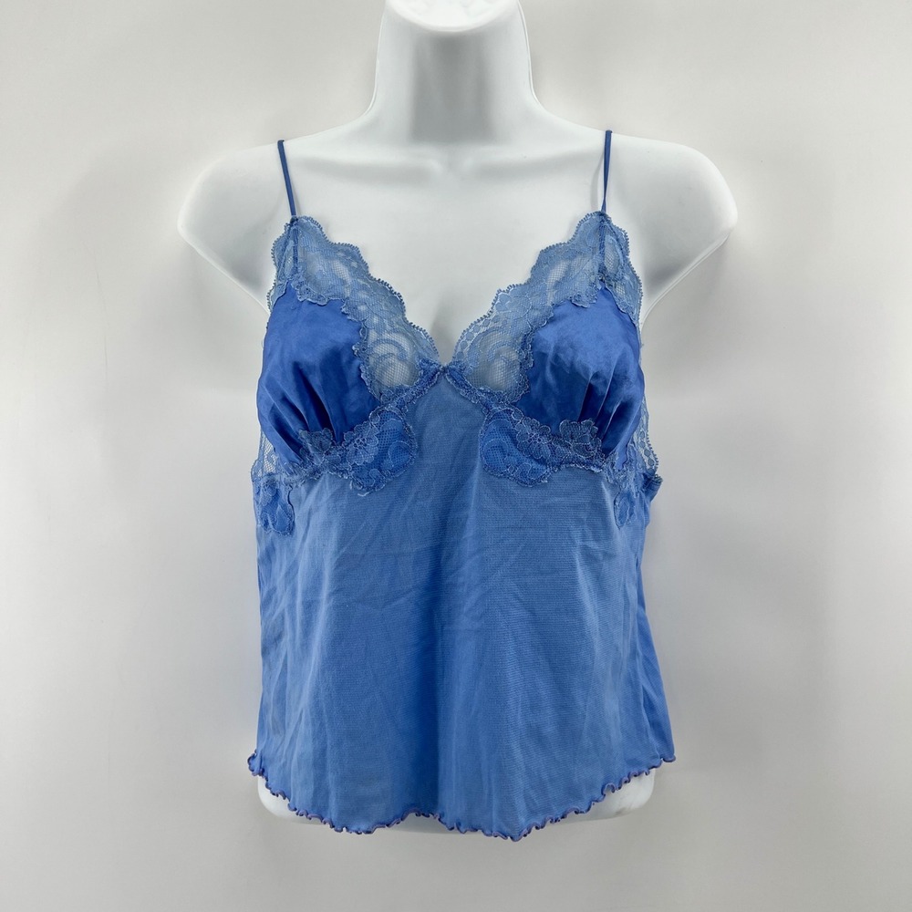 Y2K Victoria's Secret Cami Top Sz M Blue Lace Trim Mesh Fairycore Coquette 2000s